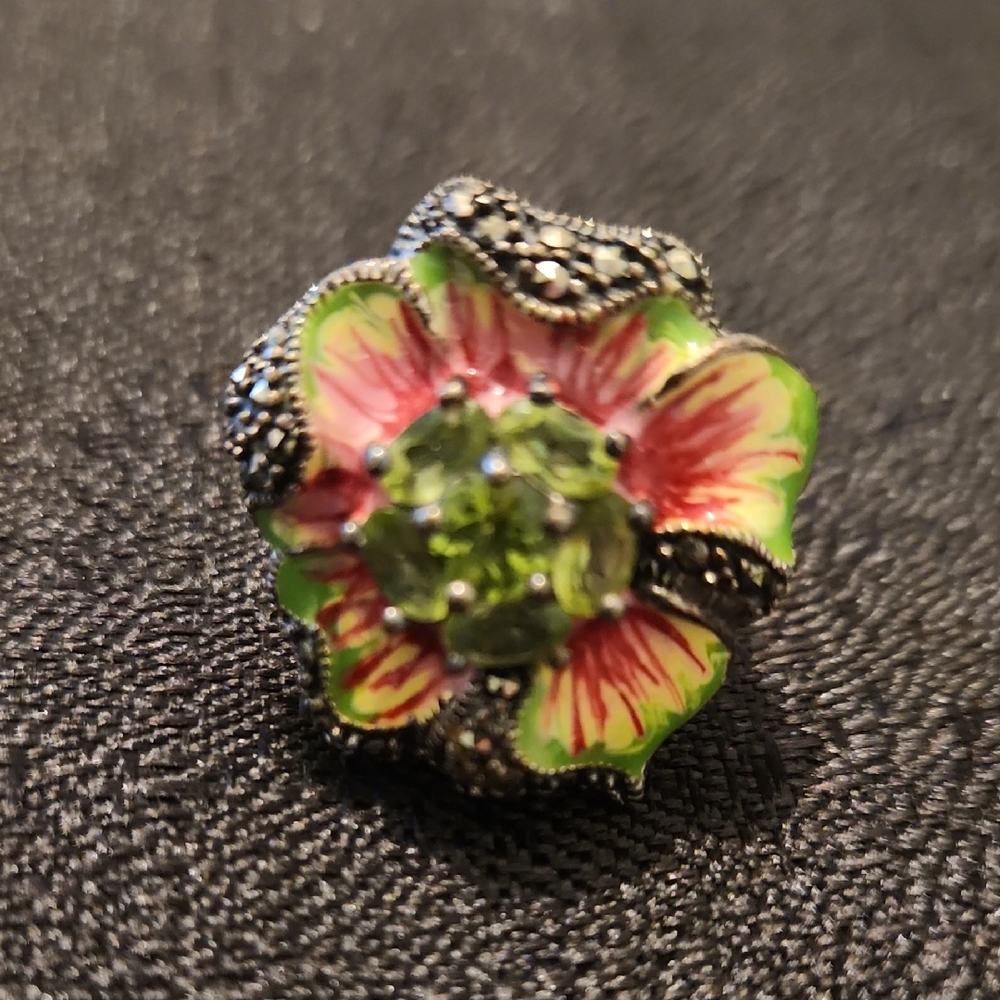 Floral Silver and Green Ring 925SS
